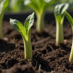 Молоді рослинки кабачків проростають з ґрунту, символізуючи нові починання та розвиток у легкому ранковому світлі.