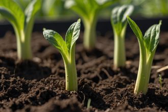 Молоді рослинки кабачків проростають з ґрунту, символізуючи нові починання та розвиток у легкому ранковому світлі.