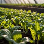 Світлі паростки свіжого салату та шпинату у теплиці на родючому ґрунті, вологі листя під золотим освітленням ранку.