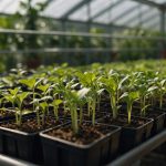 Молоді рослини з етикетками у теплиці, яскраві листя під м'яким світлом, що сприяє розвитку дитини через природу.