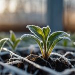 Морозостійкий паросток з пошкодженим листям у ніжному ранковому світлі, символ відновлення та надії.