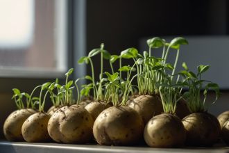 Зелені паростки з картопляних очок у м'якому світлі квартири, що символізують новий початок та зростання.