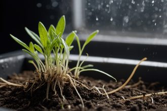 Коріння рослинних сіянців оповите геліями в горщику, показуючи вологу та текстуру, що сприяє розвитку у природному середовищі.