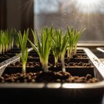 Насіння порея обережно висівають у розсадні trays під яскравим лютневим сонцем, створюючи перший етап росту рослин.