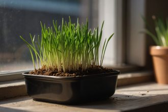 Зелені цибулеві пера, що проростають з ґрунту в горщику на підвіконні, символізують розвиток і дбайливе виховання.