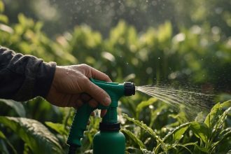 Рука тримає розпилювач для рослин, з якого розлітається легкий туман води на фоні зелених рослин у м'якому ранковому світлі.