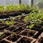 Делікатні сходи в торф'яних горщиках, злегка підсвічені природнім світлом у теплиці, символізують ріст і розвиток.