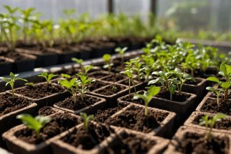 Делікатні сходи в торф'яних горщиках, злегка підсвічені природнім світлом у теплиці, символізують ріст і розвиток.