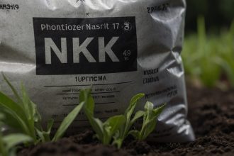 Мішок з добривом на природі, чітко видна формула NPK з числами та символами у м’якому розсіяному світлі.