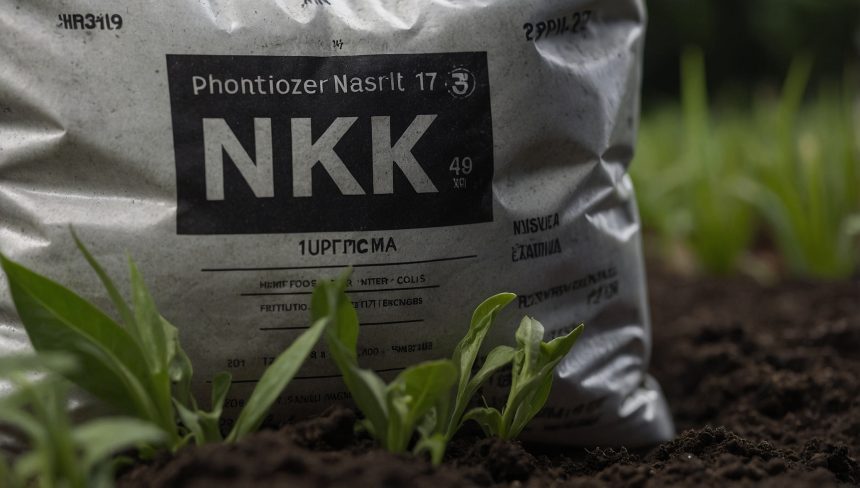 Мішок з добривом на природі, чітко видна формула NPK з числами та символами у м’якому розсіяному світлі.