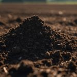 Гранули калійного гумату розсипані в родючому ґрунті, під природним світлом, з розмитим фонів поля.