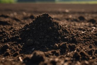 Гранули калійного гумату розсипані в родючому ґрунті, під природним світлом, з розмитим фонів поля.