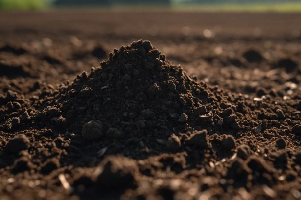 Гранули калійного гумату розсипані в родючому ґрунті, під природним світлом, з розмитим фонів поля.