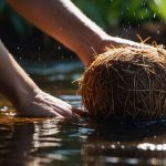 Рука тримає кокосове волокно, вмочене у воду, на тлі розмитого саду, що підкреслює його текстуру й природні якості.